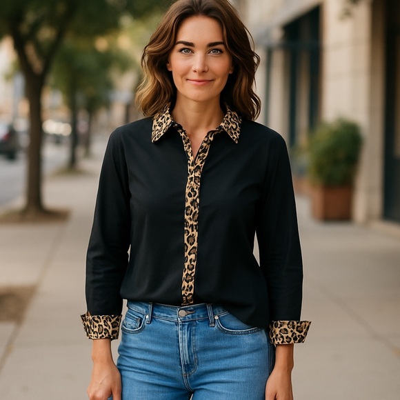 Chico's Blouse Womens Animal Print Button Up Wrinkle Resistant Cotton Size 3 NWT - Picture 1 of 9